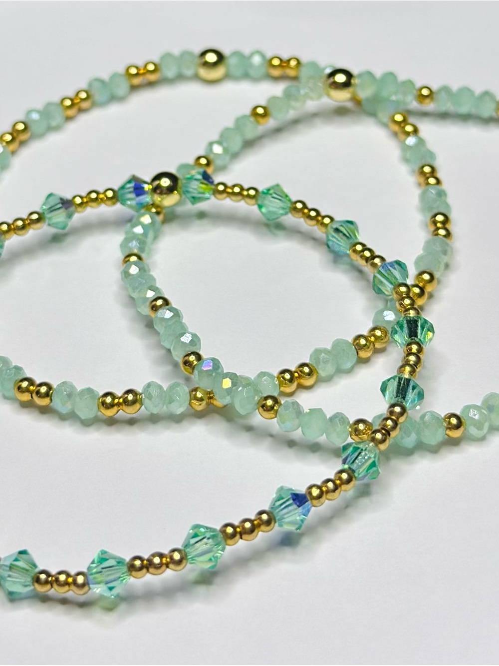 BramFam Beads Seafoam Green and Gold Beaded Stretch Bracelet Set